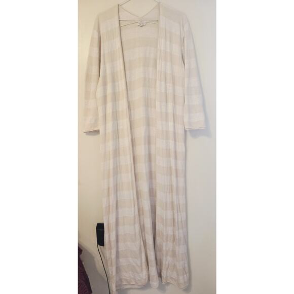 Garnet Hill 100% Linen Long Open Duster Cardigan Beige Stripes Sz M Quite Lux - Picture 1 of 6